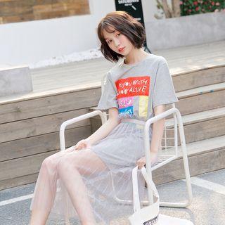 Set: Short-sleeve Lettering T-shirt Dress + Midi Mesh Skirt