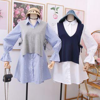 Set: Bell-sleeved Shirtdress + Ribbon-side Knit Vest