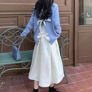Ribbon Sweater / Spaghetti-strap Maxi A-line Dress