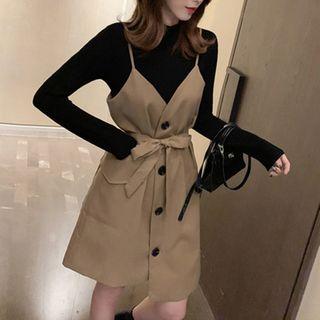 Set: Mock Neck Long-sleeve Top + Spaghetti Strap Dress