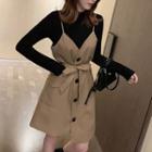 Set: Mock Neck Long-sleeve Top + Spaghetti Strap Dress