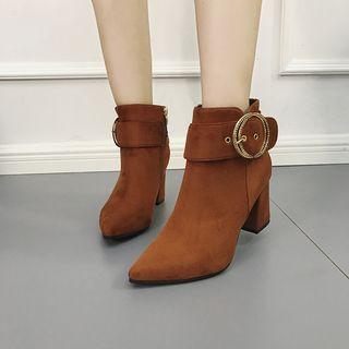 Fabric Buckled Pointed Block Heel Ankle Boots