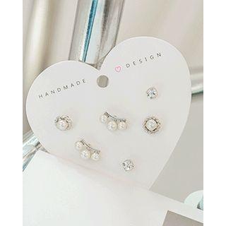 Faux-pearl / Rhinestone Earring Set (6 Pcs)