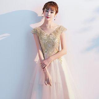 Cap-sleeve Embroidered Midi Prom Dress
