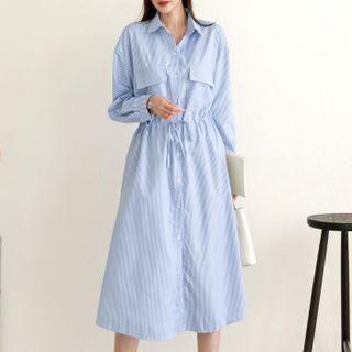 Flap-pocket Stripe Midi Shirtdress