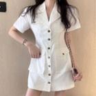 Notch Lapel Buttoned Short-sleeve Mini A-line Dress