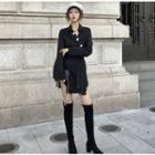 Buttoned V-neck Long-sleeve Slim-fit Shirtdress Black - One Size