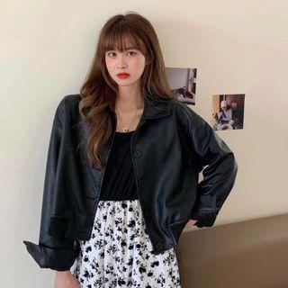 Faux-leather Jacket / Floral Print Sleeveless Dress