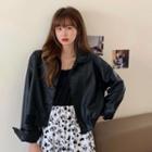 Faux-leather Jacket / Floral Print Sleeveless Dress