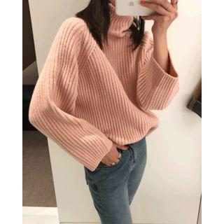 Turtleneck Raglan-sleeve Ribbed Sweater