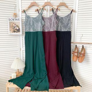 Sleeveless Lace-panel Side-slit Wide-leg Playsuit