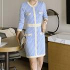 Long-sleeve Lettering Knit Mini Sheath Dress Blue & White - One Size