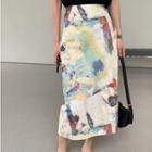 Printed Slit-back Midi A-line Skirt