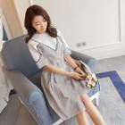 Elbow-sleeve Striped Panel Dress With Belt