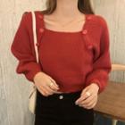 Button Square-neck Puff-sleeve Long-sleeve Sweater Red - One Size