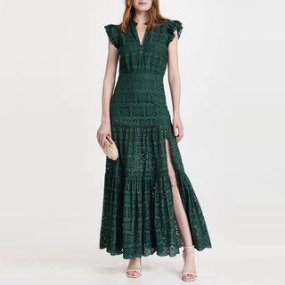 Flutter-sleeve V-neck Lace Maxi A-line Dress
