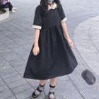 Short-sleeve Lace Trim Midi A-line Dress Black - One Size
