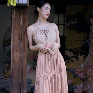 Halter-neck Drawstring Shirred Midi A-line Dress