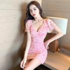 Short-sleeve V-neck Floral Print Mini Bodycon Dress Floral - Pink - One Size
