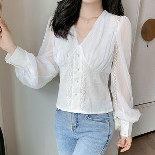 Lace Trim Plaid Balloon-sleeve Blouse