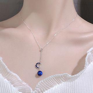 925 Sterling Silver Moon & Star Pendant Necklace 925 Silver - Blue - One Size