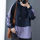 Striped Panel Drawstring Hoodie Blue - One Size