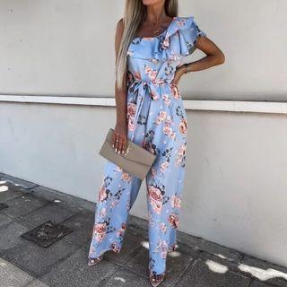 Floral Print Asymmetrical Neck Ruffle Jumpsuit