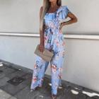 Floral Print Asymmetrical Neck Ruffle Jumpsuit
