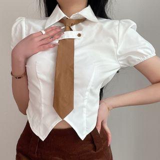 Puff-sleeve Tie-neck Crop Shirt