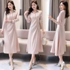 Shirred-front Long-sleeve Midi A-line Dress