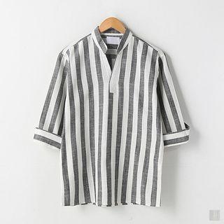 Open-placket Linen Blend Striped Shirt