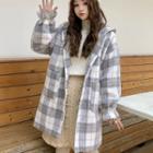 Plaid Hooded Snap-buttoned Coat As Shown In Figure - One Size