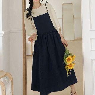 Balloon-sleeve Blouse / Midi A-line Pinafore Dress / Set