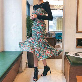 Spaghetti-strap Diagonal-hem Floral Mermaid Dress