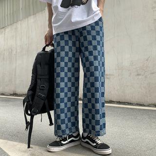 Elastic-waist Straight Leg Plaid Jeans