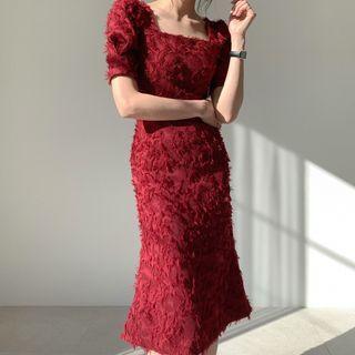 Short Sleeve Square Neck Retro Plain Dress