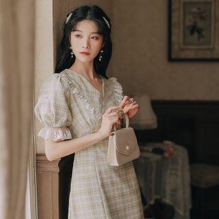 Puff-sleeve Plaid Lace Trim A-line Dress
