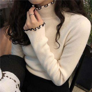 Turtleneck Frill-trim Knit Top