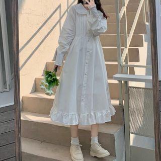 Long-sleeve Ruffle Trim Midi Shirt Dress