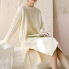 Color-block Crewneck Long-sleeve Cable-knit Dress White - One Size