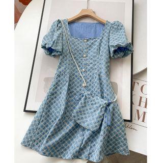 Set: Embroidered Puff-sleeve A-line Dress + Crossbody Bag