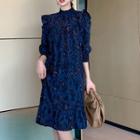 Printed Ruffle Trim 3/4-sleeve Midi A-line Dress