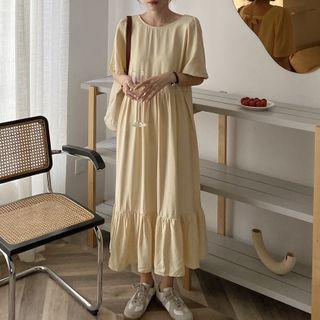 Open-back Elbow-sleeve Tiered Midi A-line Dress