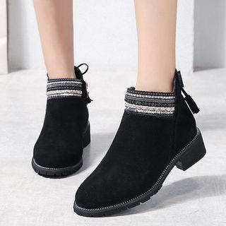 Velvet Embellished Block-heel Ankle Boots