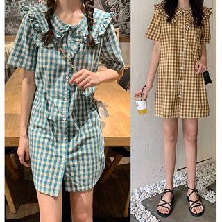 Elbow-sleeve Checker Mini Shirt Dress