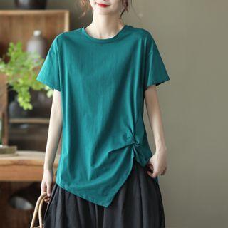 Plain Asymmetrical Shirred Short-sleeve Top