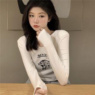 Long-sleeve Tiger Print Cropped T-shirt White - One Size