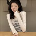Long-sleeve Tiger Print Cropped T-shirt White - One Size
