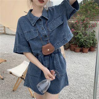 Set : Pocket Cropped Denim Top / High-waist Wide-leg Denim Shorts As Shown In Figure - One Size