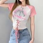 Short Sleeve Cat Print Lettering Lace-up Crop Top